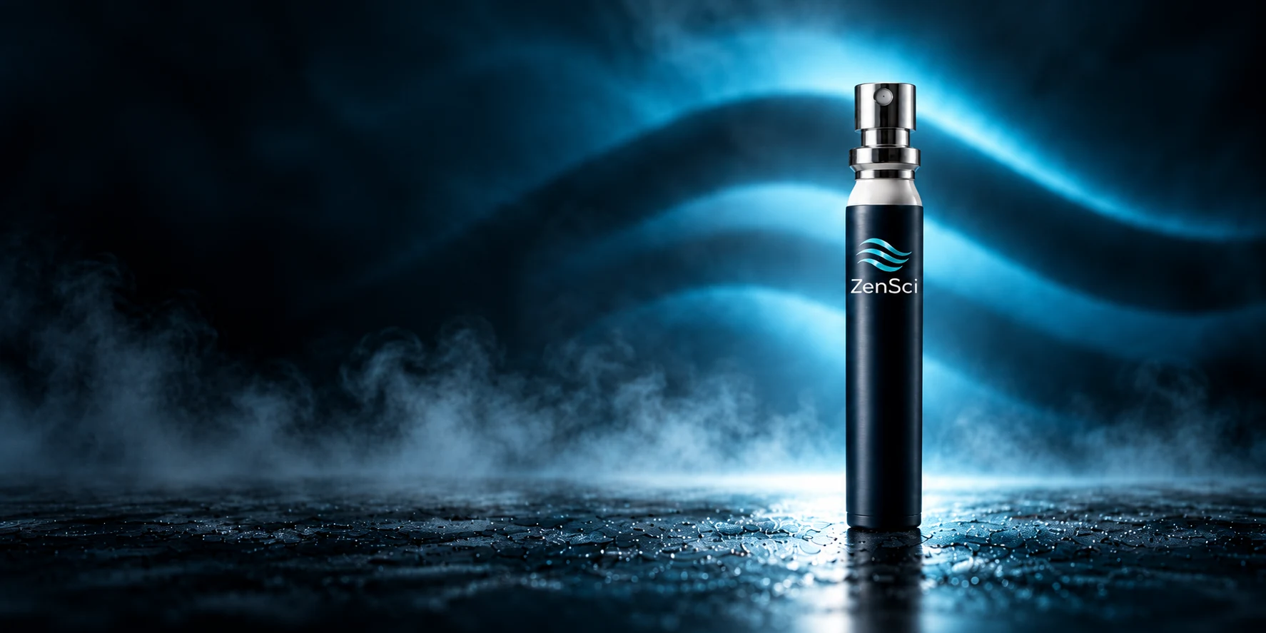 ZenSci oral spray standing against illuminated aqua waves