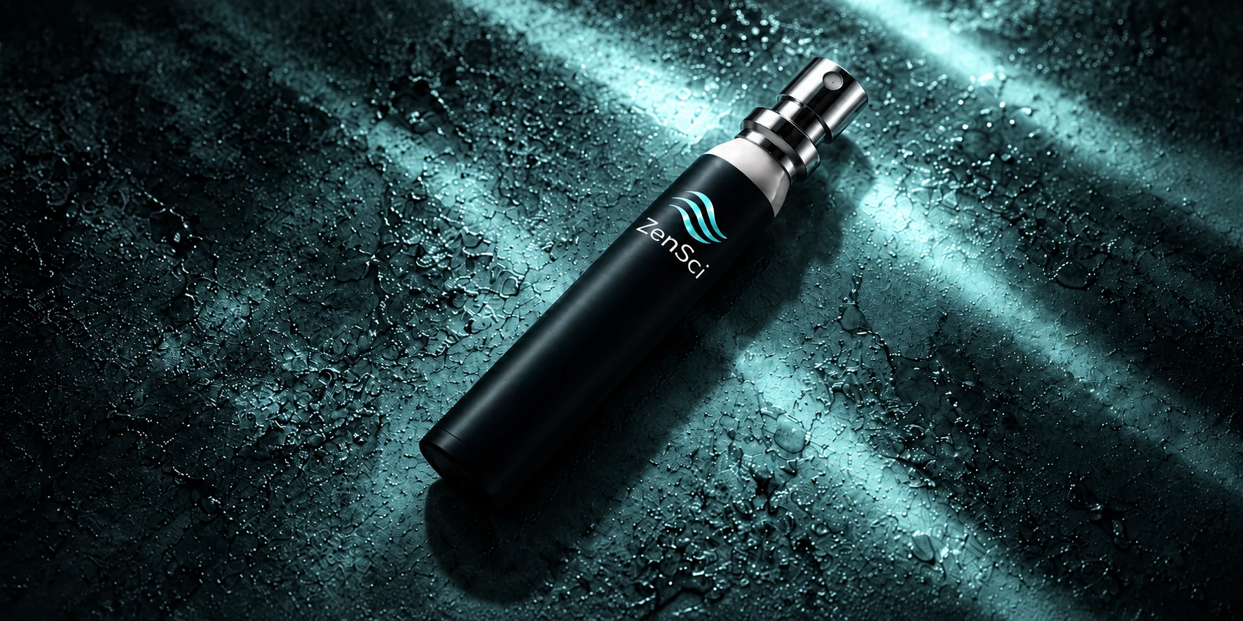 ZenSci oral spray resting diagonally on an aqua-lit textured surface