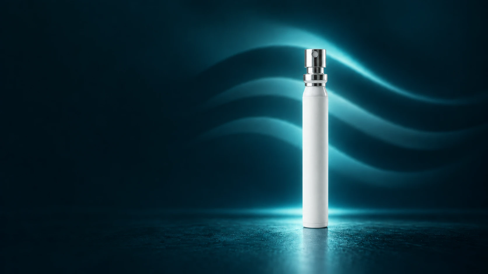 ZenSci’s slim white oral spray with chrome actuator against glowing aqua waves